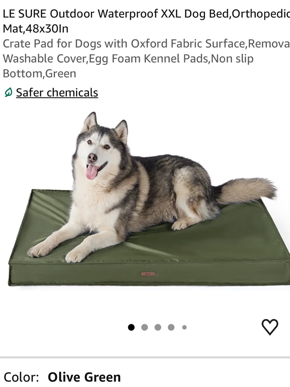 LE SURE Outdoor Waterproof XXL Dog Bed,Orthopedic Pet Mat, Olive Green 48” x 30”